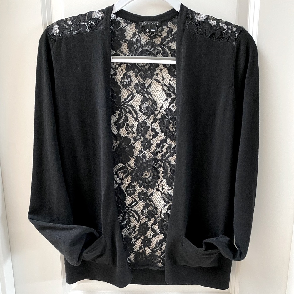 Theory Black Wool Lace Back Cardigan Small